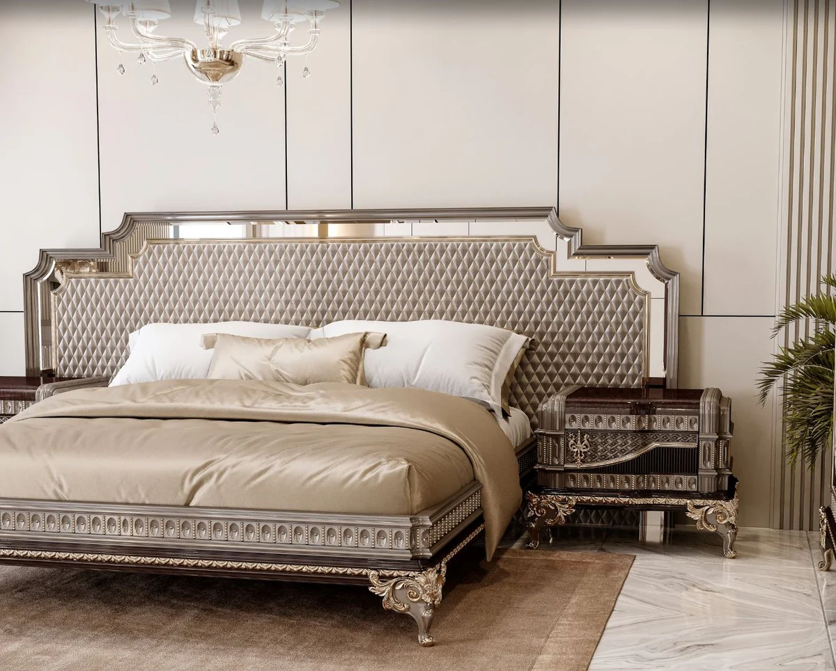 Luxury baroque double bed and 2 nightstands gray / dark brown / gold