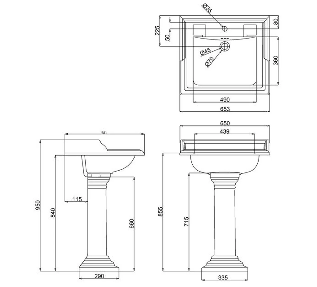 Porcelain washbasin with base 65 x 57.5 x H. 95 cm - antique style washbasin