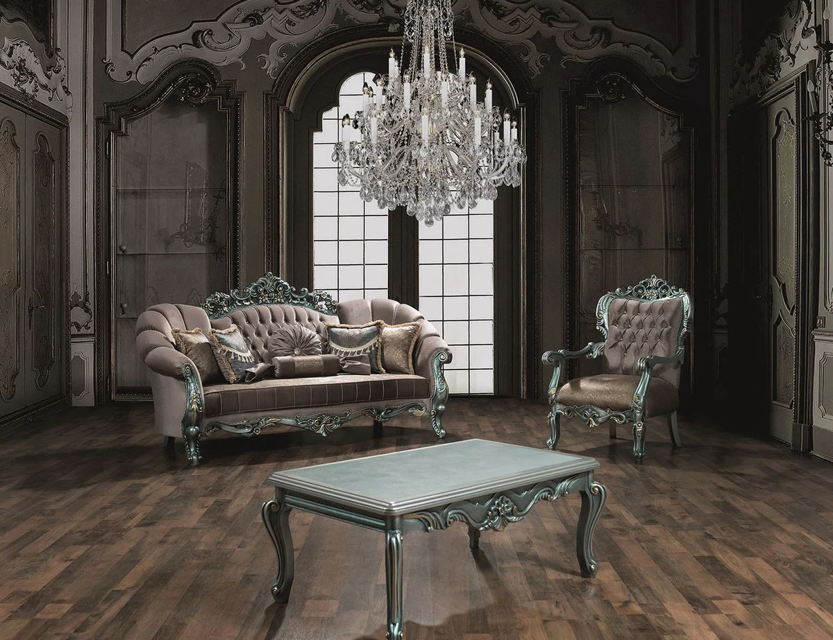 Luxury baroque coffee table gray / green / gold 113 x 70 x H. 50 cm - Rectangular solid wood living room table with glass top