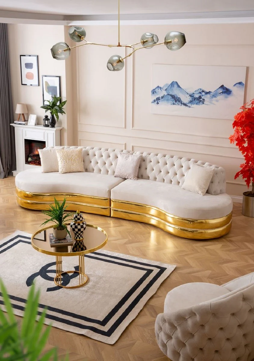 Luxury Chesterfield 4 seater sofa cream / gold 340 x 105 x H. 82 cm - Curved Chesterfield living room sofa - Living room furniture - Chesterfield furniture - Luxury furniture - Luxury furnishings