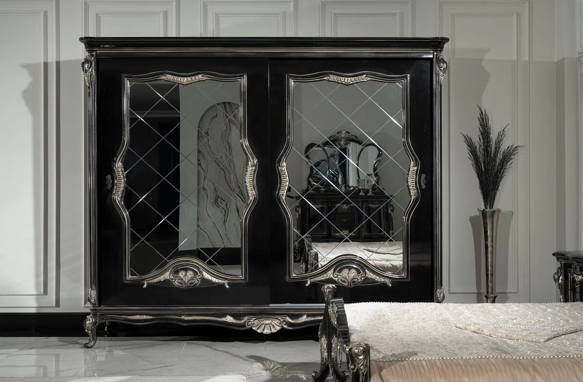 Luxury baroque bedroom cupboard black / silver - magnificent solid wood cupboard with 2 mirrored sliding doors - baroque wardrobe - baroque bedroom furniture