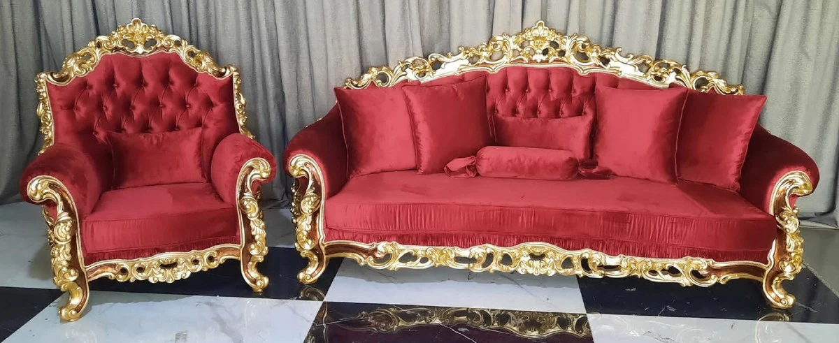 Luxury Baroque Sofa Red / Brown / Gold - Magnificent Living Room Sofa - Baroque Style Living Room Furniture - Luxury Furniture in Baroque Style - Baroque Furnishings - Living Room Furnishings