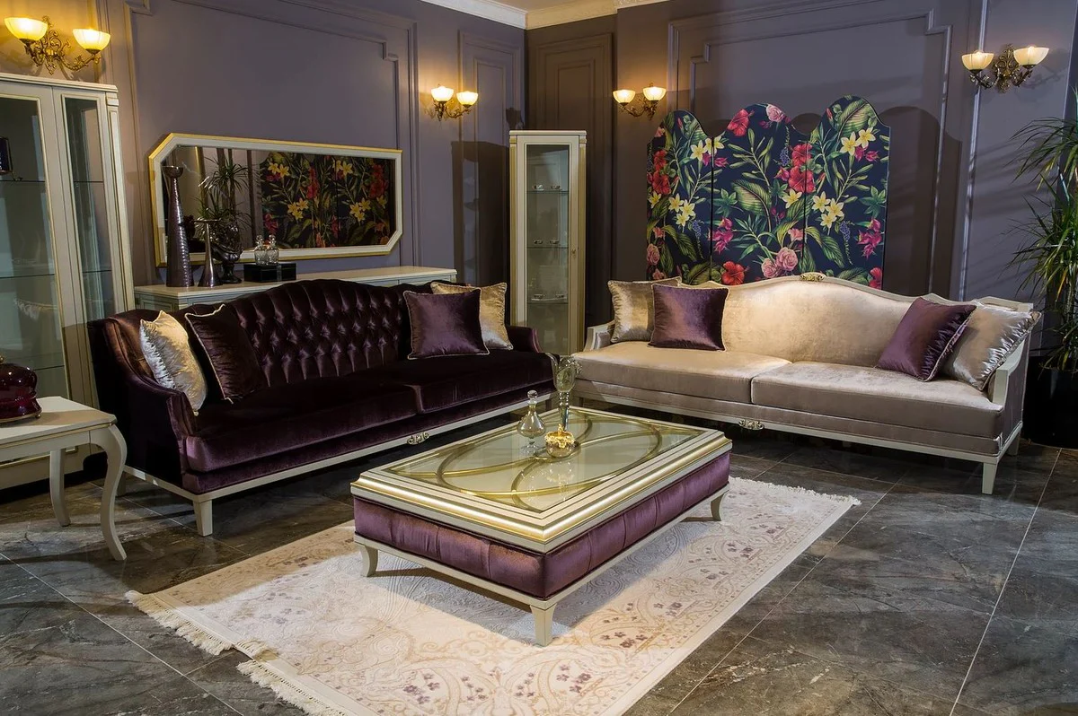 Luxury baroque sofa pink / white / gold 239 x 83 x H. 93 cm - Noble living room sofa with decorative pillows - Baroque living room furniture