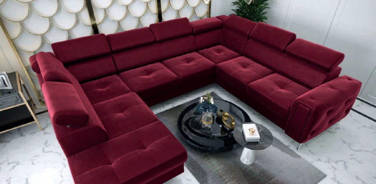 Luxury velvet living area Bordeaux red / silver 350 x 255 x H. 78-99 cm - U-shape sofa with adjustable headrests - living room furniture - luxury furniture - luxury furnishings
