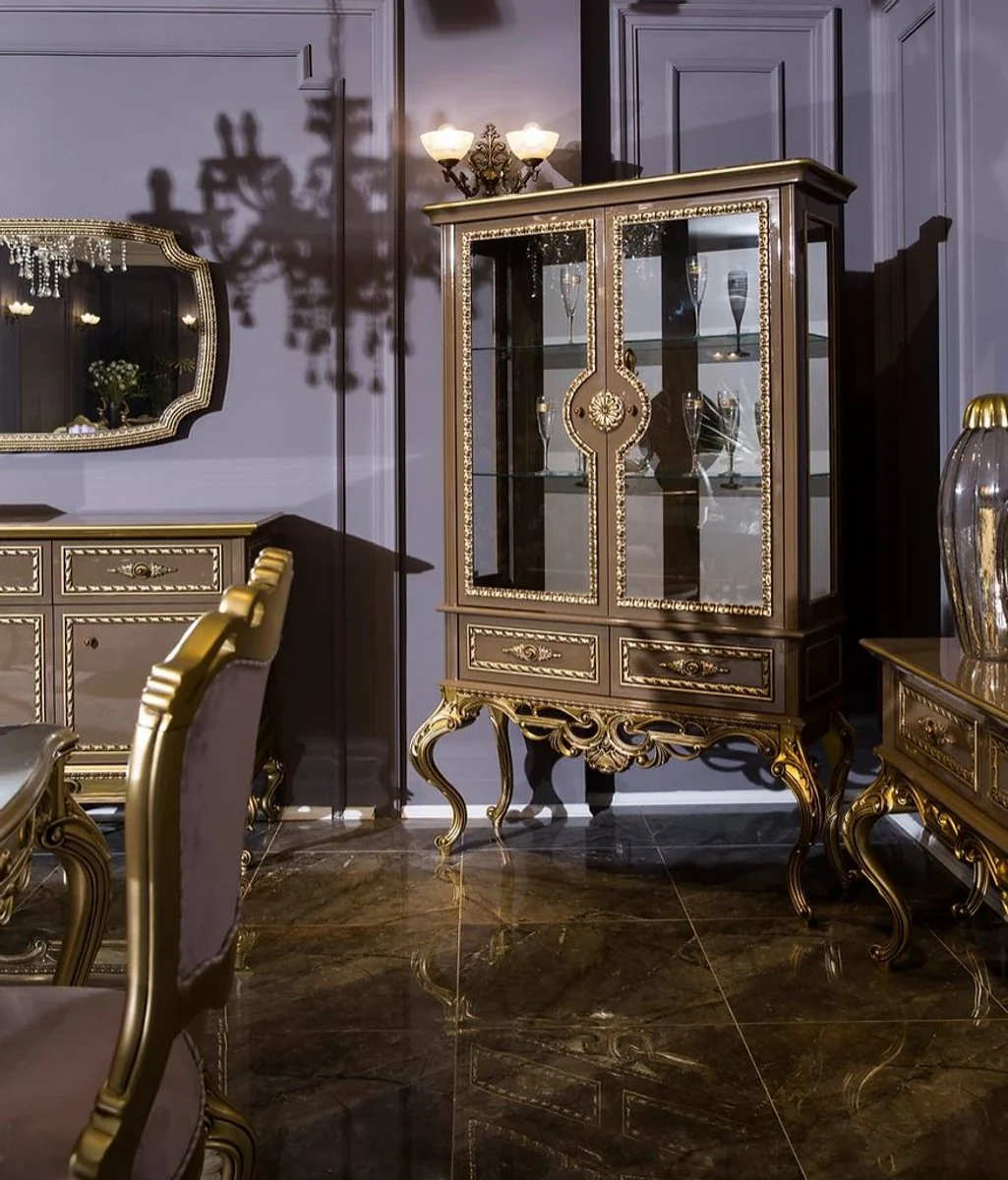 Luxury baroque display cabinet gray / gold 125 x 43 x H. 193 cm - Elegant solid wood display cabinet with 2 glass doors and 2 drawers - Baroque furniture