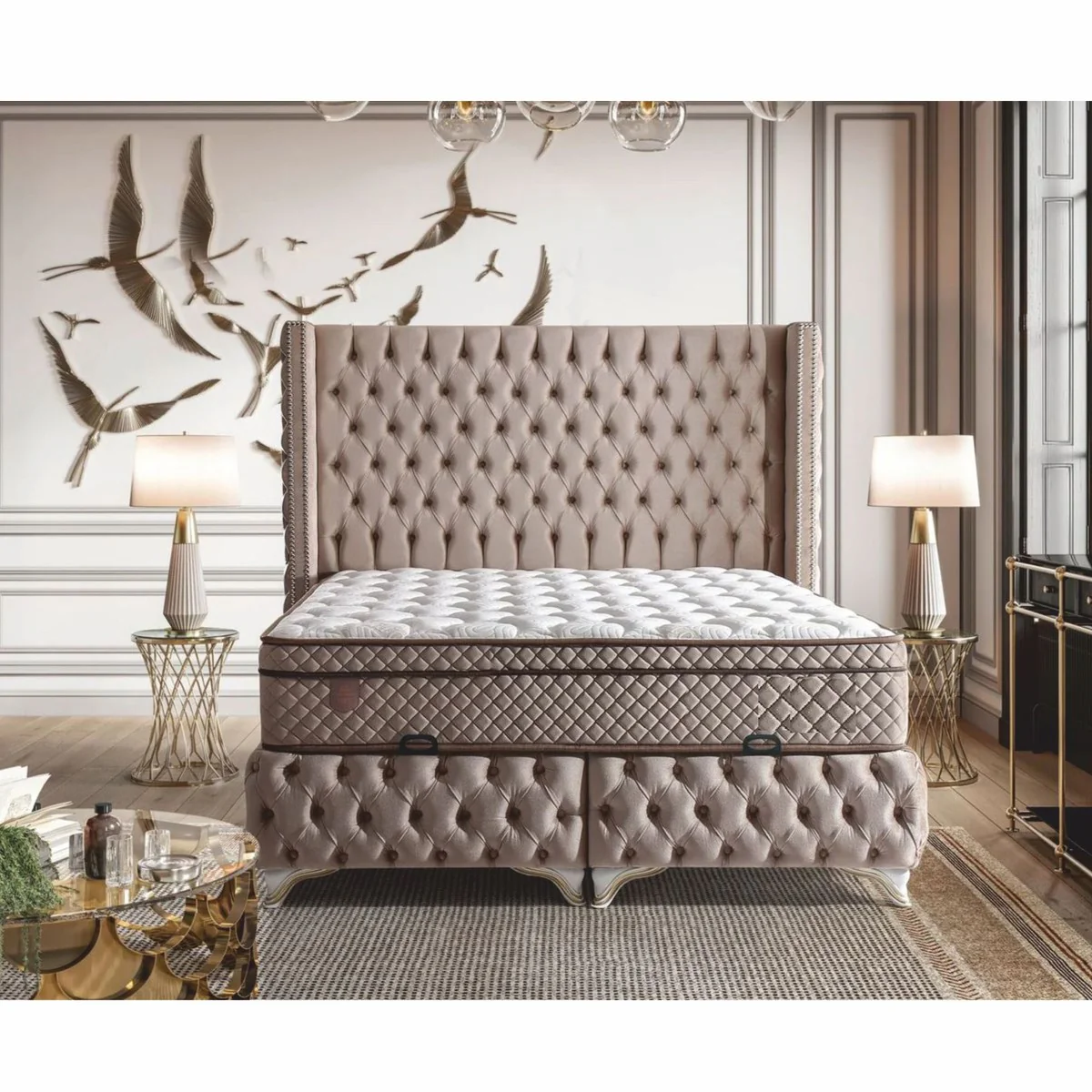 Luxury Chesterfield Velvet Double Bed with Mattress Greige / White / Gold - Various Sizes