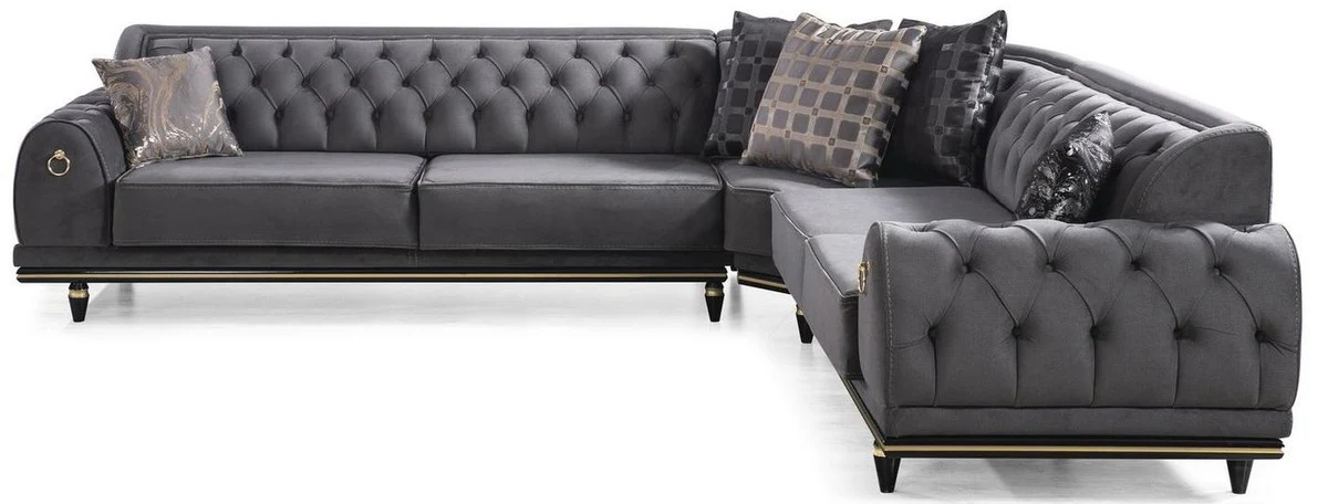 Luxury Art Deco Chesterfield living room set gray / black / gold - 1 corner sofa with cushions & 1 coffee table - Noble living room furniture - Luxury quality