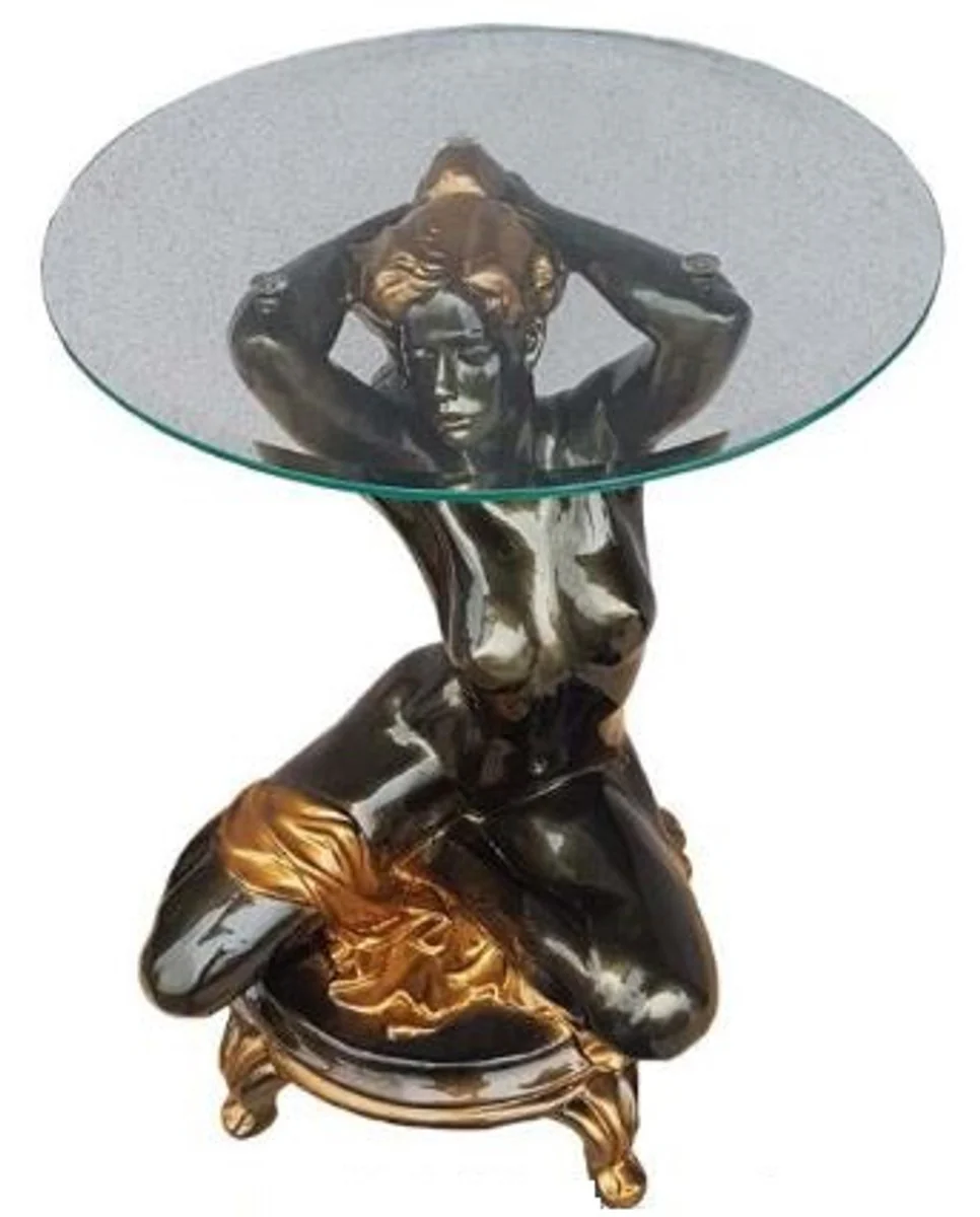 Art Nouveau side table kneeling woman black / gold Ø 45 x H. 63.5 cm - Elegant table with round glass top - Living room furniture