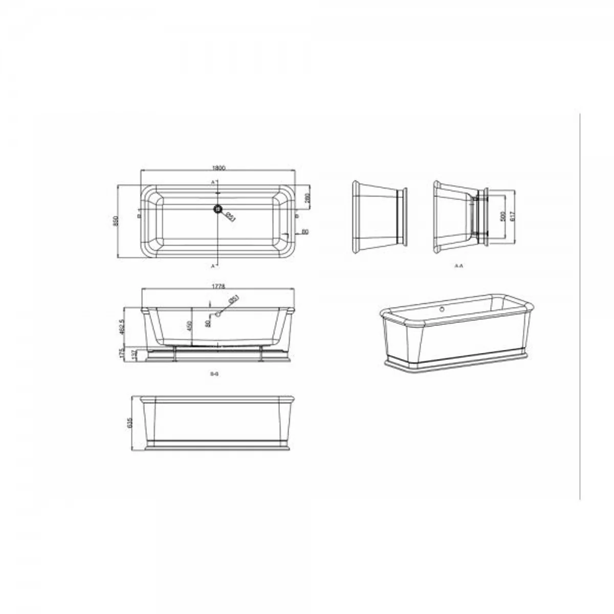 Freestanding rectangular bathtub 1800mm BLon Silver - Freestanding retro antique bathtub