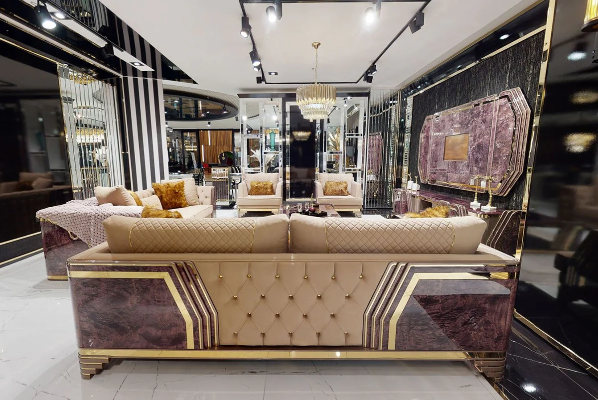 Luxury Art Deco Chesterfield Sofa Beige / Purple / Gray / Gold - Elegant living room sofa with marble look - Luxury Art Deco living room & hotel furniture