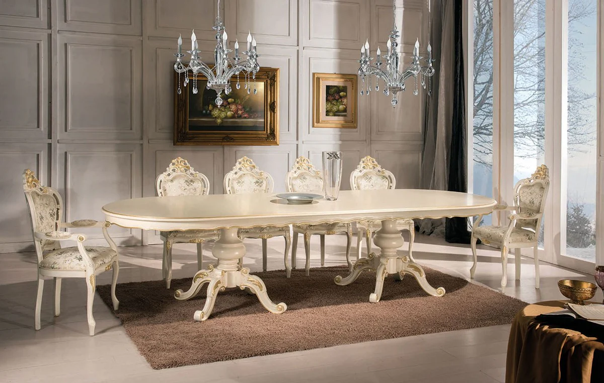 Luxury Baroque Dining Room Set Ivory / Multicolored / Gold - 1 Dining Table 350 cm & 10 Dining Room Chairs - Baroque Furniture