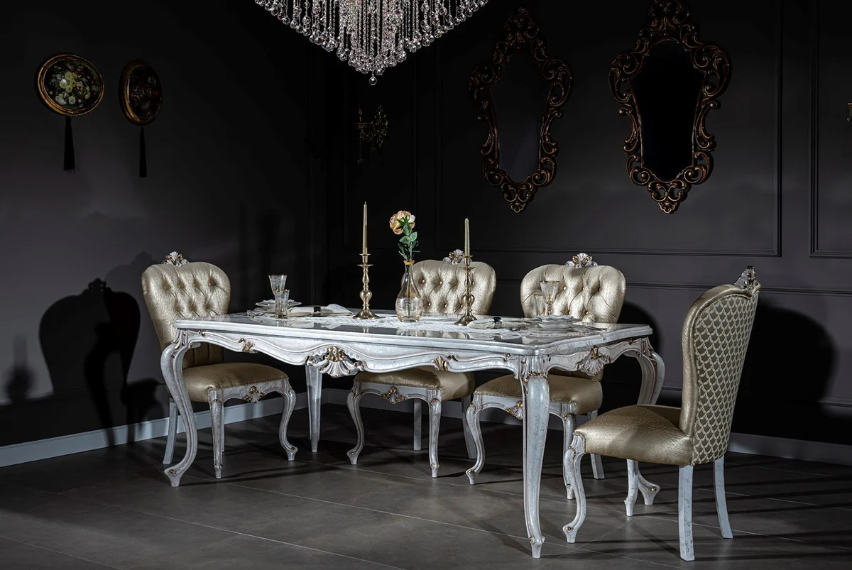 Luxury Baroque Dining Room Set Gold / Antique White - 1 Dining Table & 6 Dining Chairs - Dining Room Furniture in Baroque Style - Noble & Magnificent