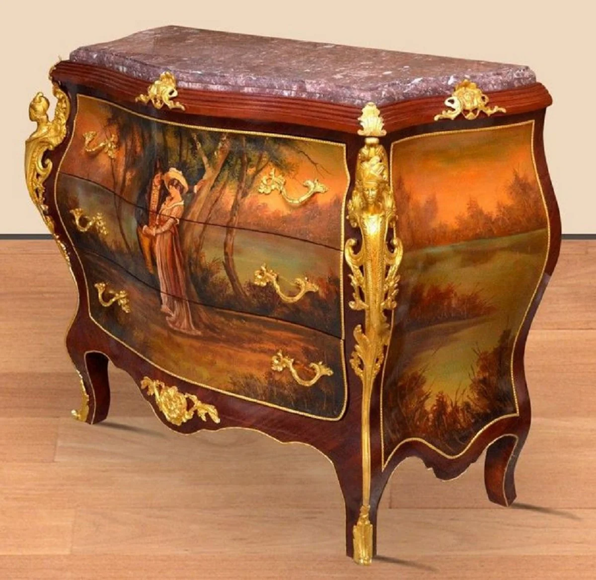 Baroque chest of drawers brown / gold / red - handmade solid wood chest of drawers with 3 drawers and marble top - baroque furniture