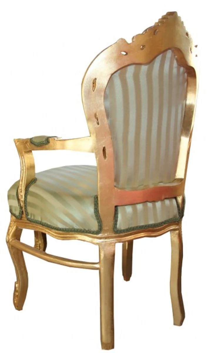 Baroque dining room chair green / cream stripes / gold with armrests - antique furniture