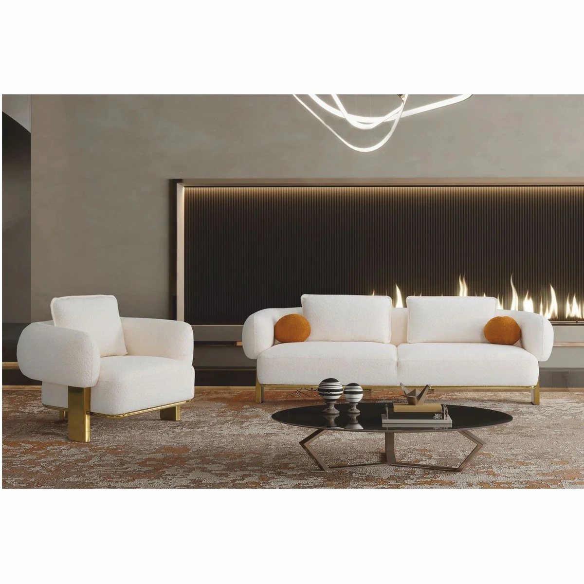 Luxury living room & hotel sofa white / gold 250 cm - luxury furniture
