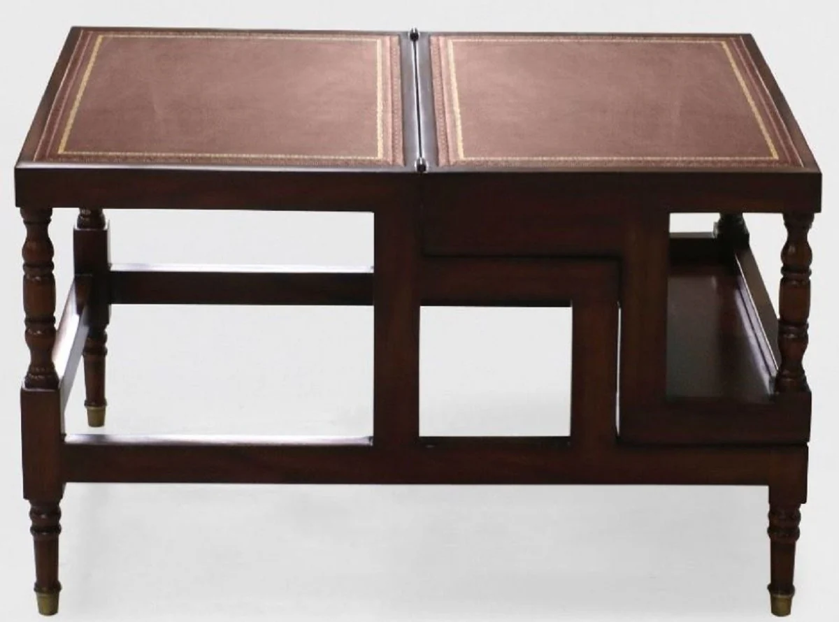 Luxury Art Nouveau coffee table dark brown / burgundy red / gold - fold-out solid wood library stairs with real leather - Art Nouveau living room furniture - noble & magnificent