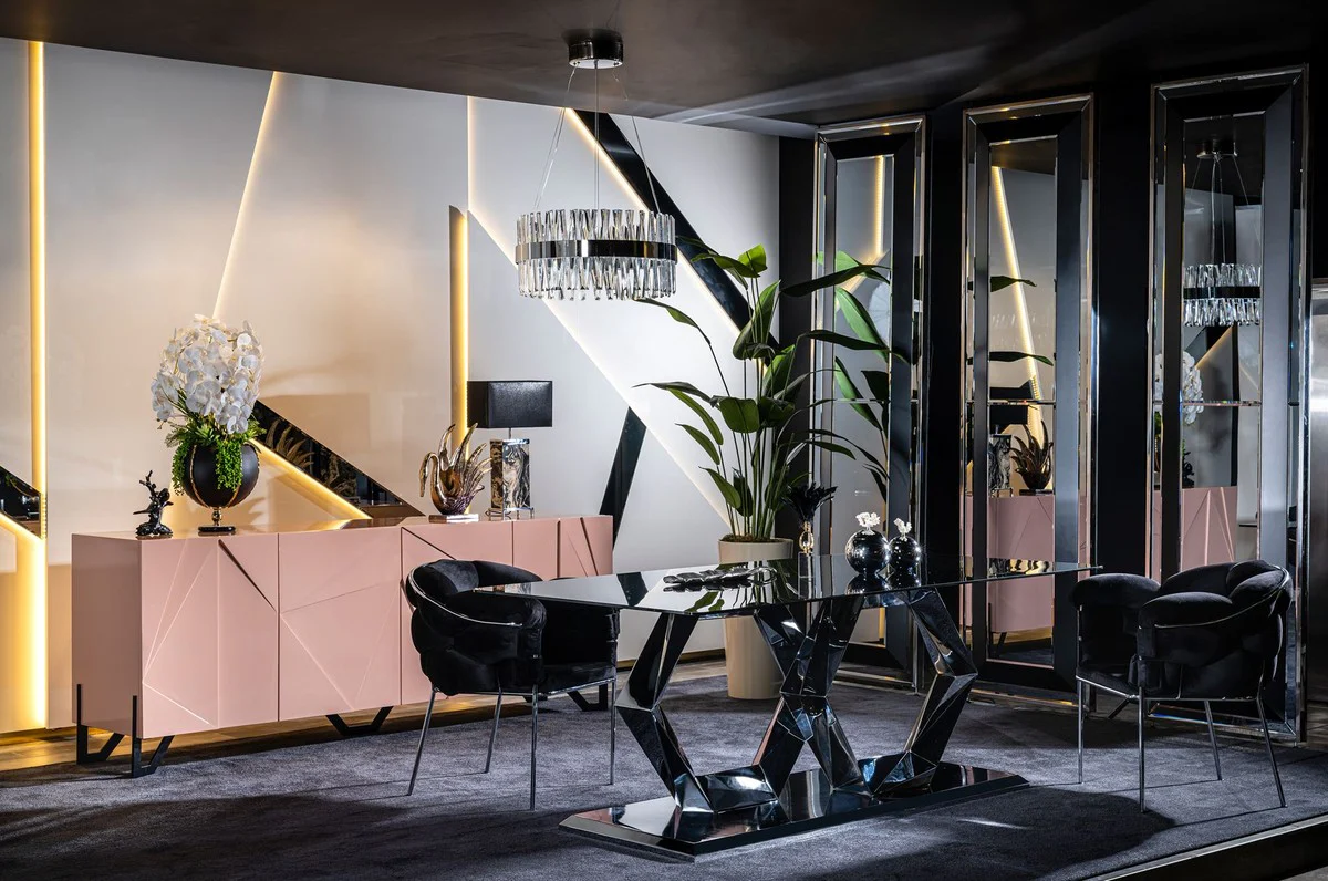 Luxury designer dining table silver 200 x 100 x H. 76 cm - Rectangular metal dining room table with glass top - Dining room furniture - Luxury furniture - Luxury dining room furnishings