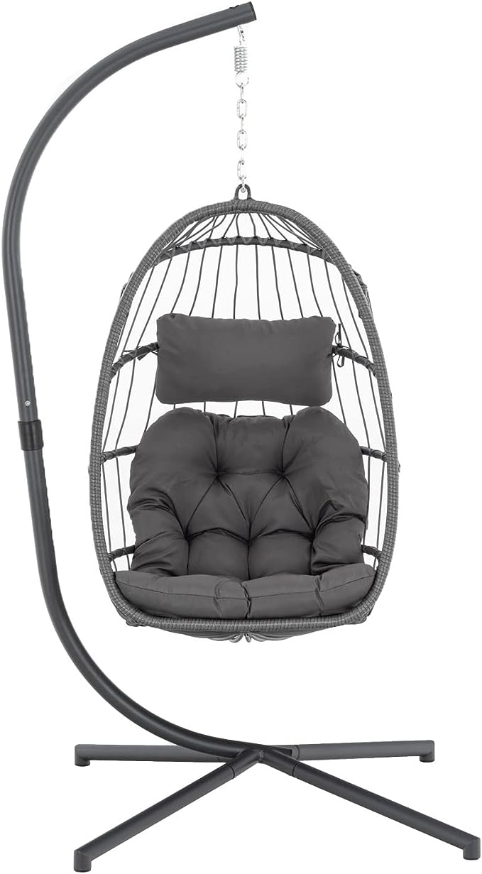Yechen Indoor Outdoor Egg Hanging Chair with Stand, Patio Wicker Swing Egg Chair Indoor Swinging Chair Outdoor Hammock Egg Chair 350lbs Capacity for Patio Bedroom Balcony, Charcoal Grey (EG-001)