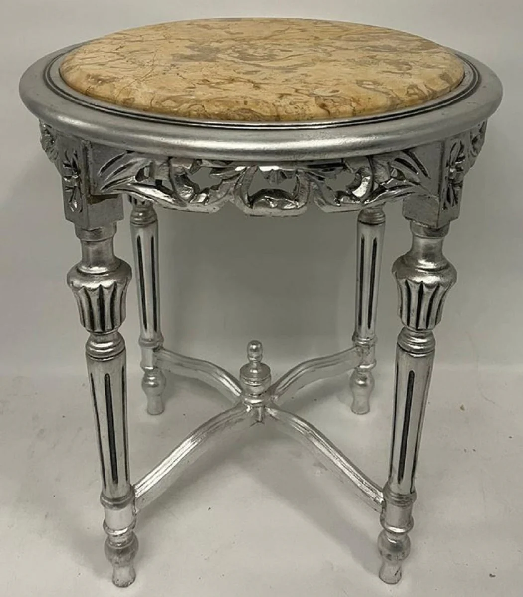 Baroque side table silver / beige - round antique style solid wood table with marble top - living room furniture in baroque style - antique style furniture - baroque furniture