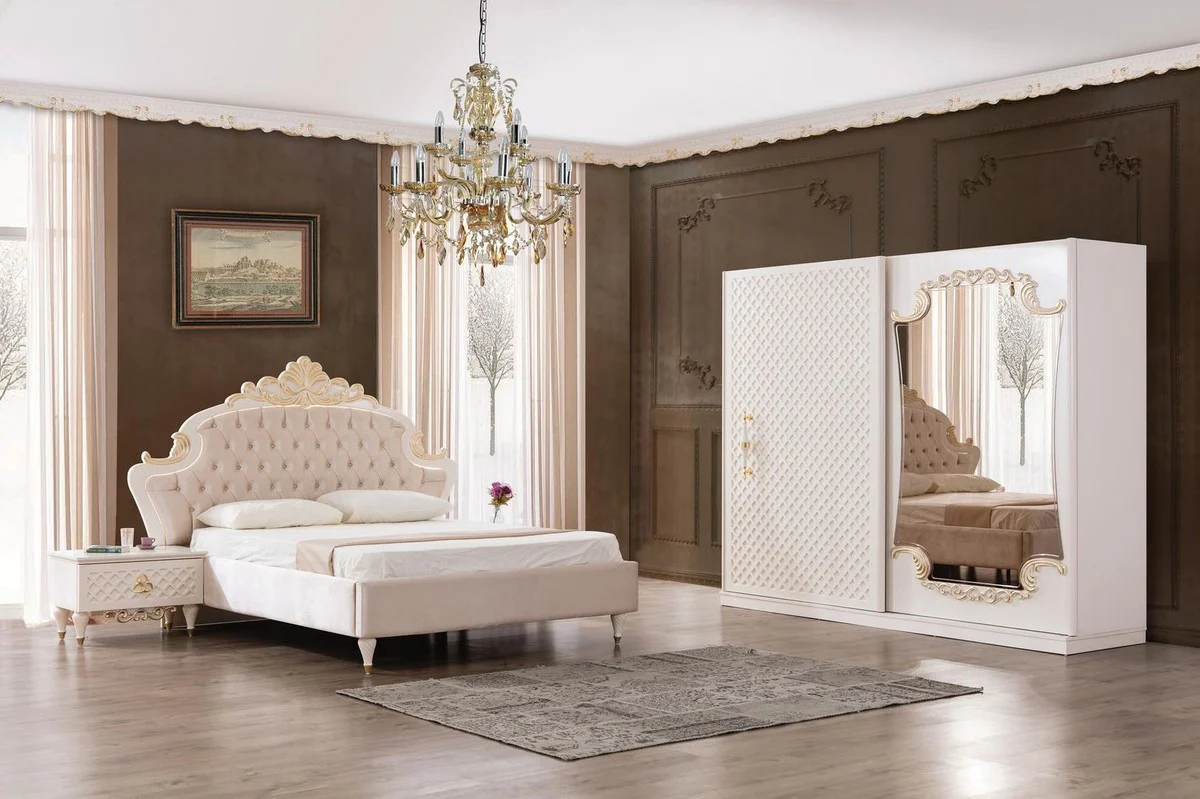 Luxury Baroque Bedroom Set Pink / White / Gold - 1 double bed with headboard & 2 bedside tables - Baroque Bedroom Furniture - Noble & Magnificent