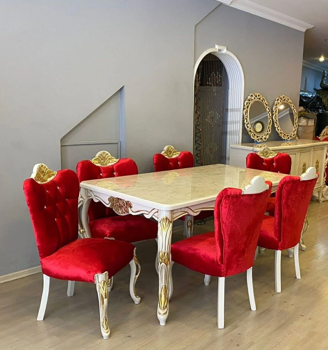 Luxury Baroque Dining Room Set Red / White / Gold - 1 Baroque Dining Table & 6 Baroque Dining Chairs with Glitter Stones - Dining Room Furniture in Baroque Style - Baroque Furniture - Noble & Magnificent