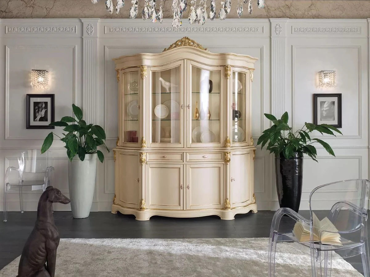 Luxury Baroque display cabinet cream / gold - Handcrafted solid wood display cabinet with 8 doors and 2 drawers - Magnificent Baroque furniture - Luxury quality - Made in Italy