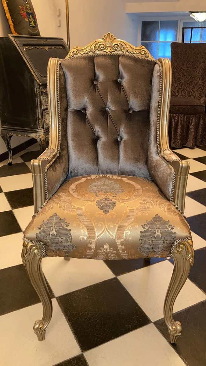 Luxury Baroque Dining Room Chair with Armrests Silver Gray / Gold - Magnificent Baroque Style Solid Wood Chair - Luxury Dining Room Furniture in Baroque Style - Baroque Furniture - Noble & Magnificent
