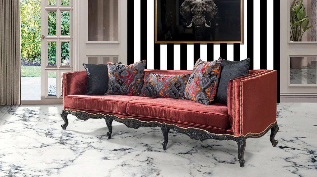 Luxury Baroque Sofa Bordeaux Red / Black / Gold - Magnificent Living Room Sofa in Baroque Style - Baroque Living Room Furniture