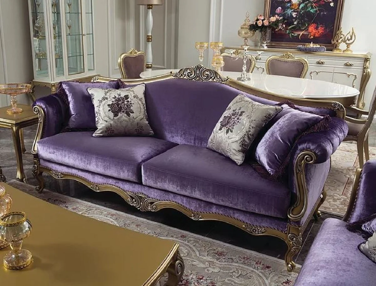 Luxury baroque living room set purple / gold / silver - 2 baroque sofas & 2 baroque armchairs & 1 baroque coffee table - living room furniture in baroque style - baroque furniture - baroque furnishings