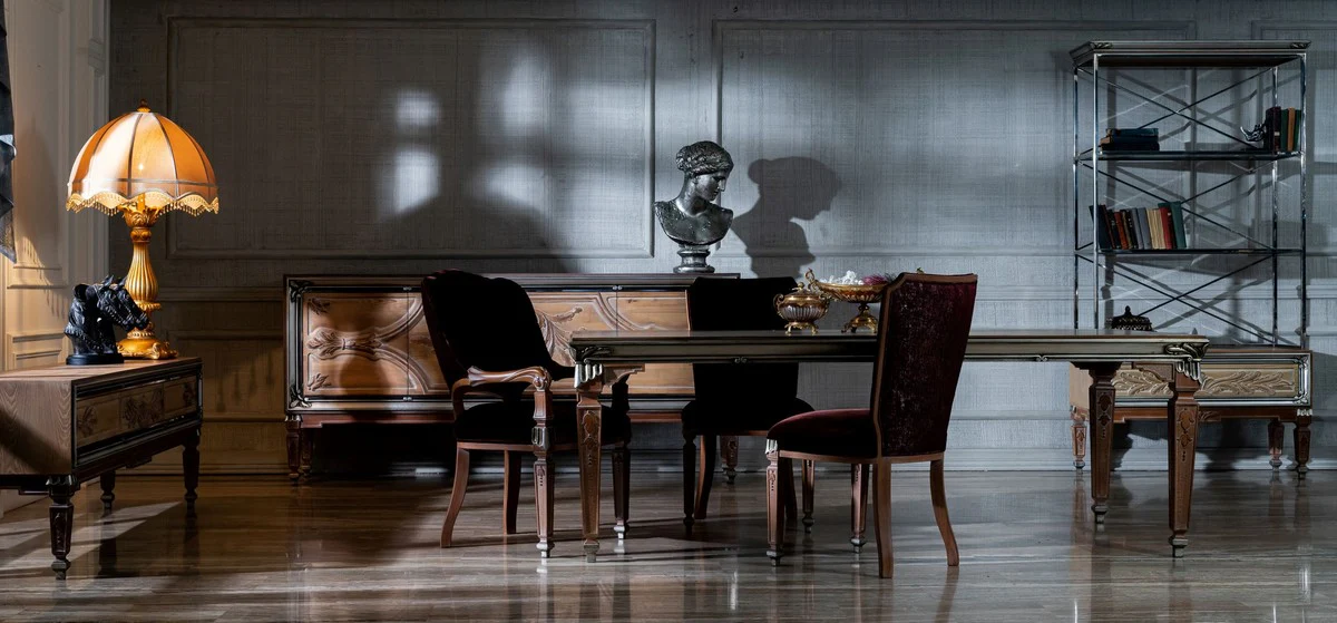 Luxury Baroque dining room set Bordeaux red / beige / silver - 1 Baroque dining table & 8 Baroque dining room chairs - Magnificent dining room furniture in the Baroque style