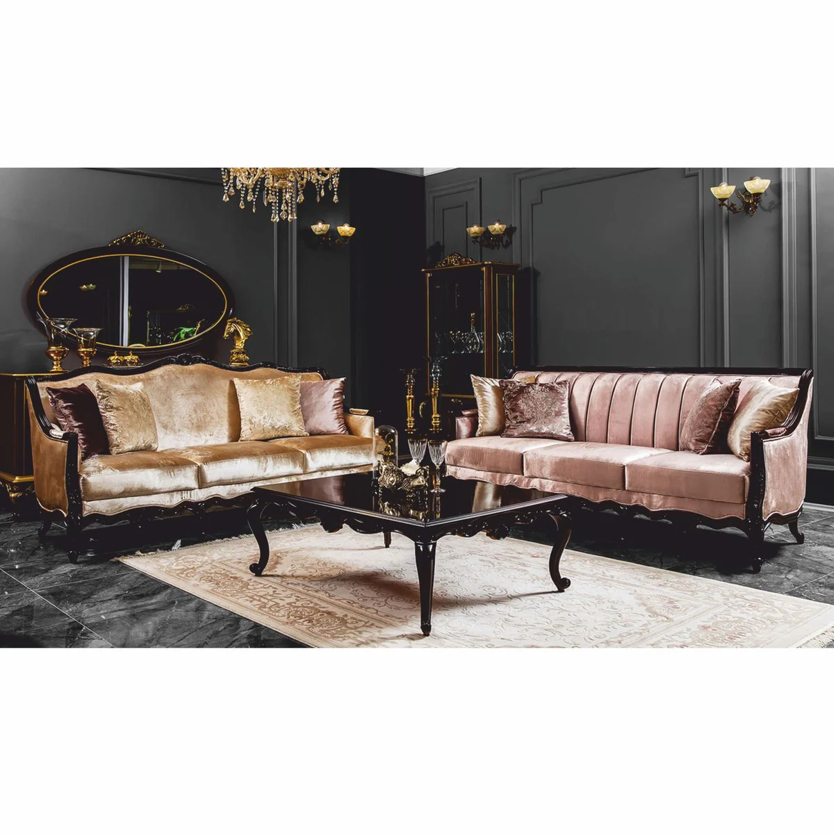 Luxury Baroque Sofa Gold / Dark Brown 225 cm - Baroque Furniture