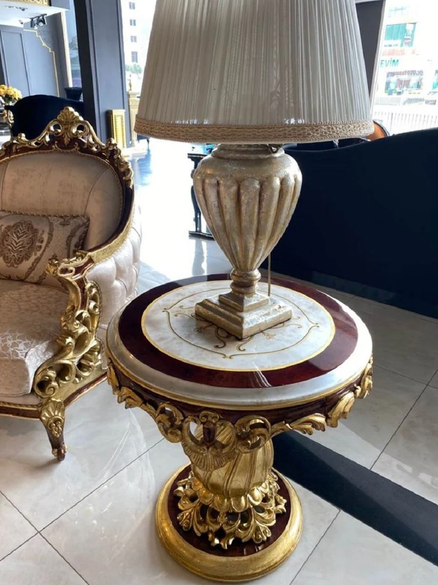 Luxury baroque side table white / brown / gold - round solid wood table in baroque style - handmade baroque living room furniture - noble and magnificent