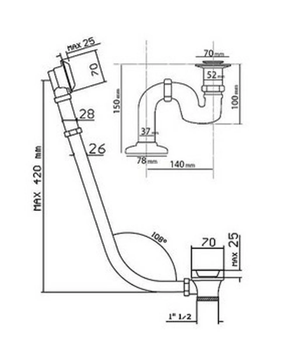 Drain and overflow system including siphon for nostalgic bathtub Sicilia, Toscane, San Sebastian, Roma - chrome