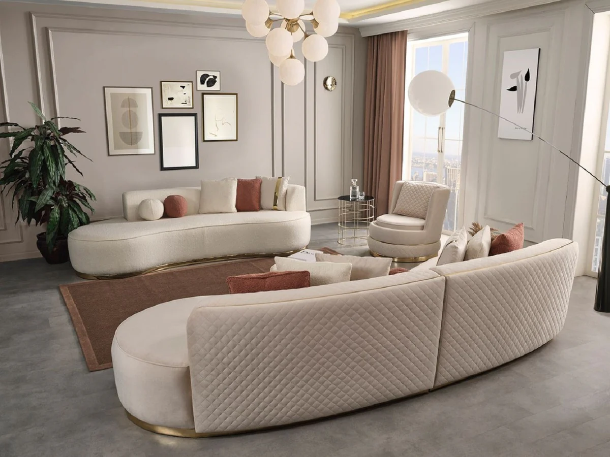 Luxury sofa cream / gold 270 x 120 x H. 76 cm - Curved living room sofa - Hotel sofa - Living room furniture - Hotel furniture - Luxury furniture - Luxury furnishings - Living room furnishings