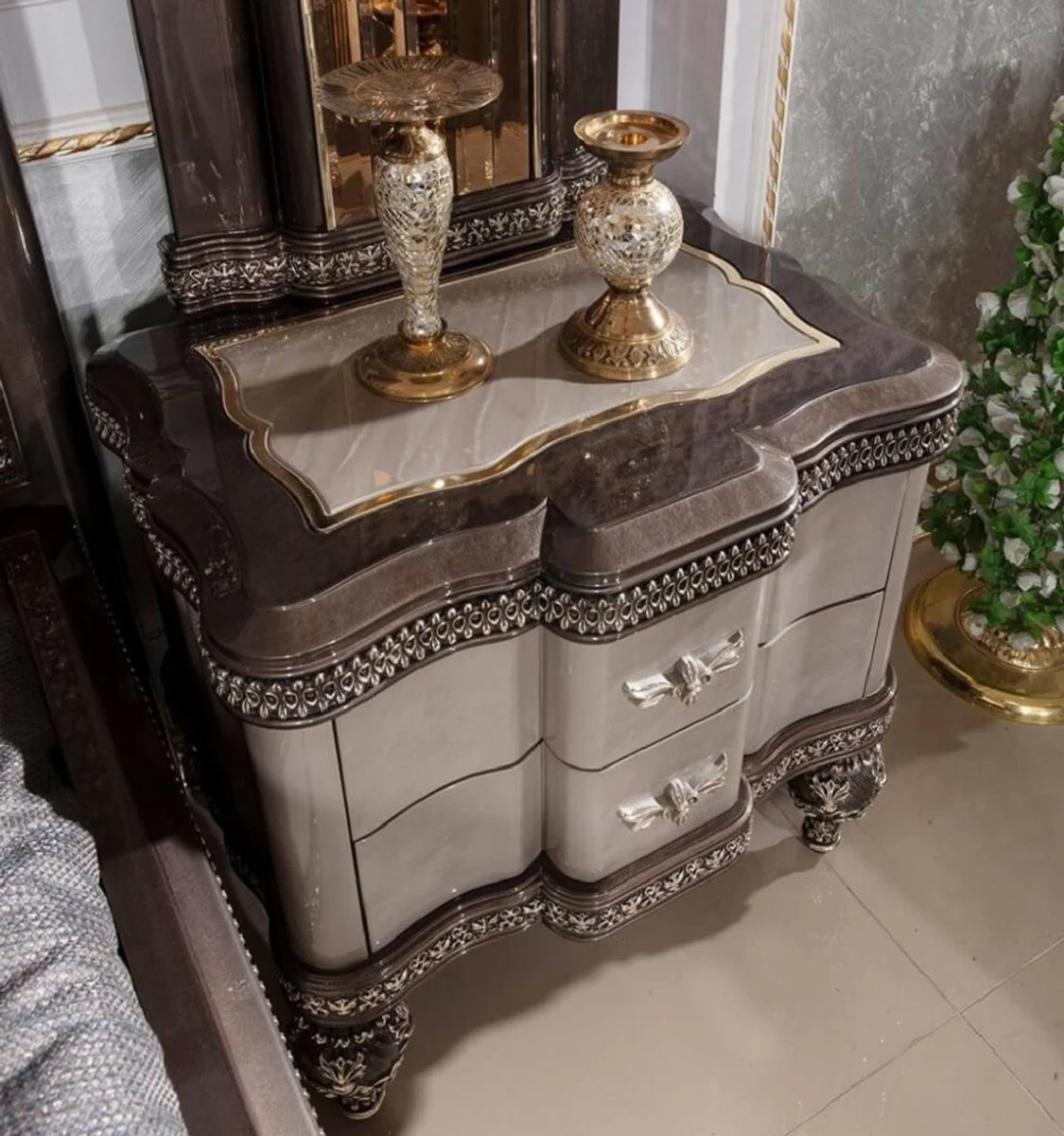 Luxury baroque night dresser gray / black / gold - magnificent baroque style bedside table with 2 drawers - luxury bedroom furniture in baroque style - baroque furniture - baroque interior