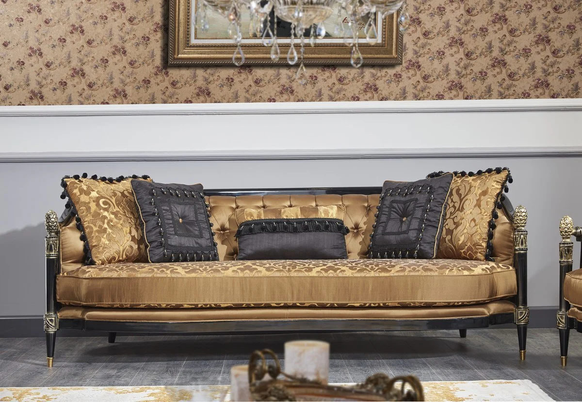 Luxury Baroque Living Room Set Gold / Black - 1 Sofa & 2 Armchairs & 1 Coffee Table & 1 Side Table - Magnificent Baroque Furniture - Luxury Quality