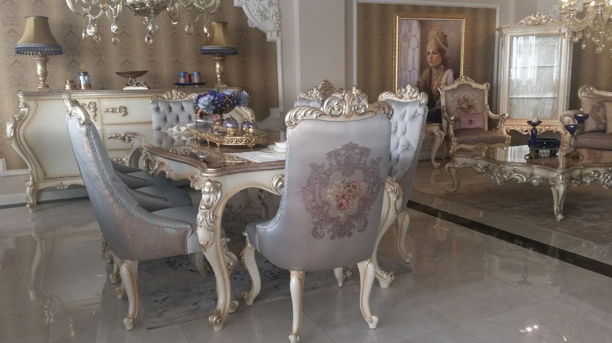 Luxury baroque dining table silver / cream / gold - handmade solid wood dining room table - furniture in baroque style - noble & magnificent