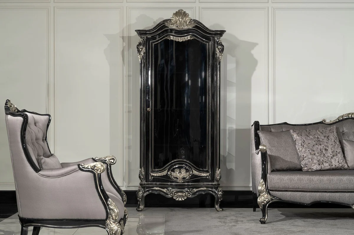 Luxury baroque display cabinet black / silver - magnificent solid wood display cabinet with glass door - handmade baroque furniture - noble and magnificent