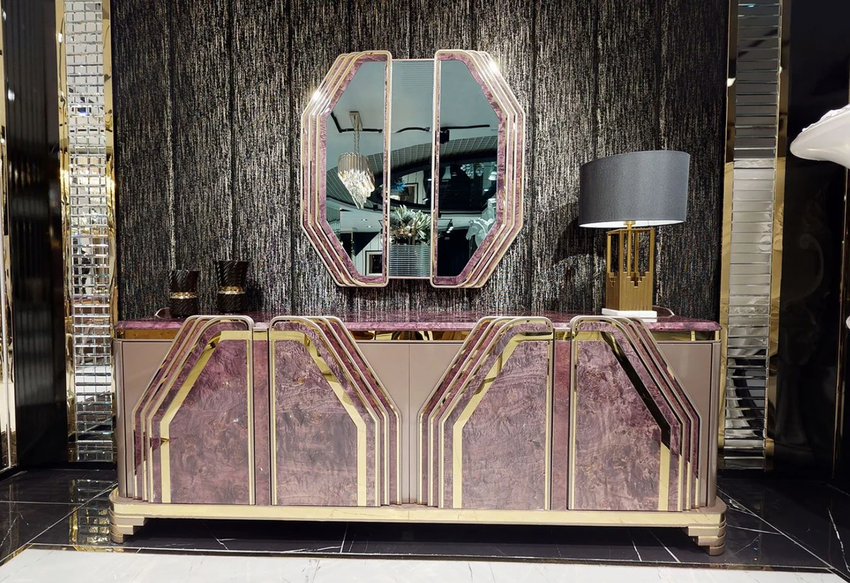 Luxury Art Deco wall mirror purple / gold - solid wood mirror with marble look - luxury Art Deco living room & hotel furniture
