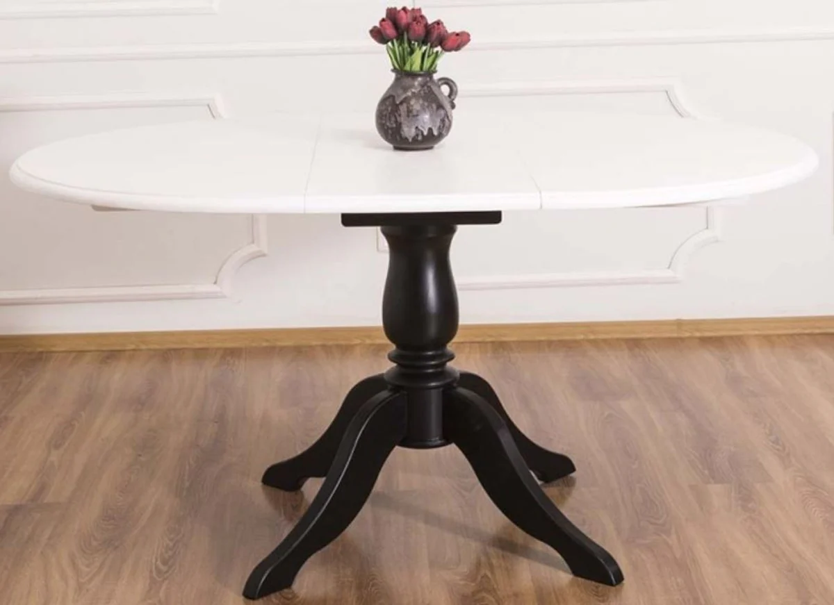 Country house style dining table white / black Ø 120 x H. 78 cm - Round extendable solid wood kitchen table - Country house style dining room furniture