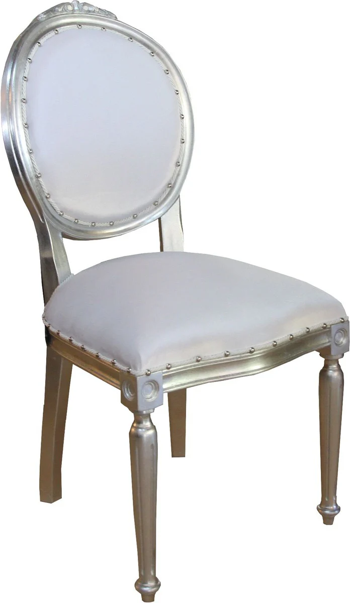 Baroque medallion luxury dining chair without armrests in white / silver - Limited Edition