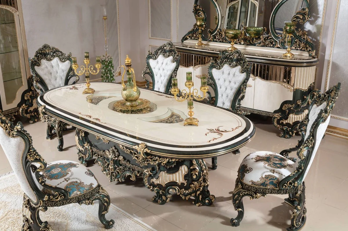 Luxury Baroque Dining Room Set White / Green / Gold - 1 Baroque Dining Table & 6 Baroque Dining Room Chairs - Baroque Dining Room Furniture - Luxury Furniture in Baroque Style - Noble & Magnificent - Luxury Quality