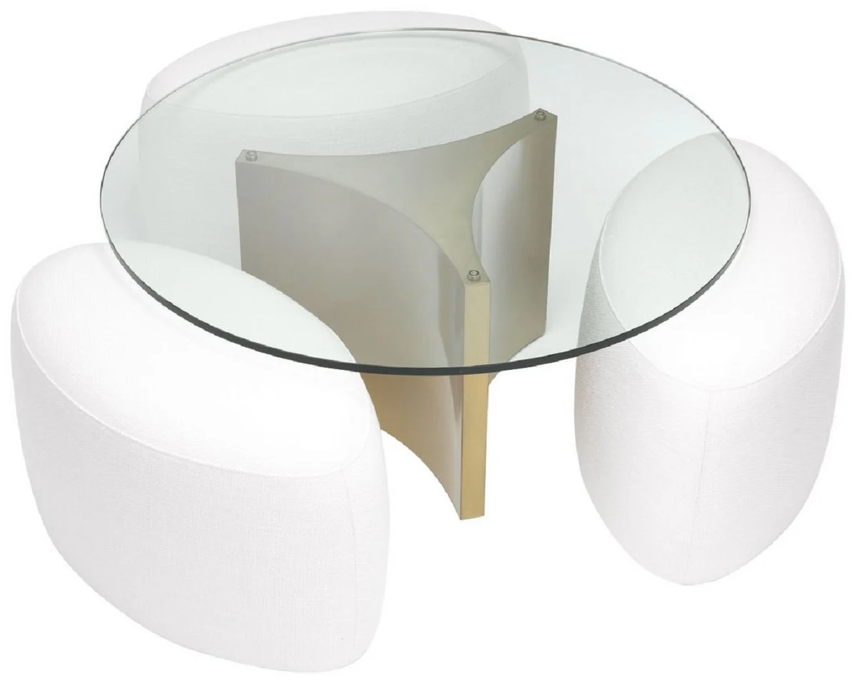 Luxury coffee table white / antique brass Ø 104 x H. 46.5 cm - Round stainless steel living room table with glass top and 3 elegant stools - Living room furniture - Luxury furniture