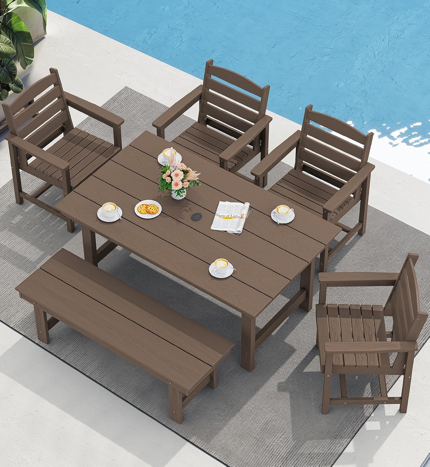 SERWALL Outdoor HDPE Dining Table Set 7 Piece Outdoor Dining Table Sets