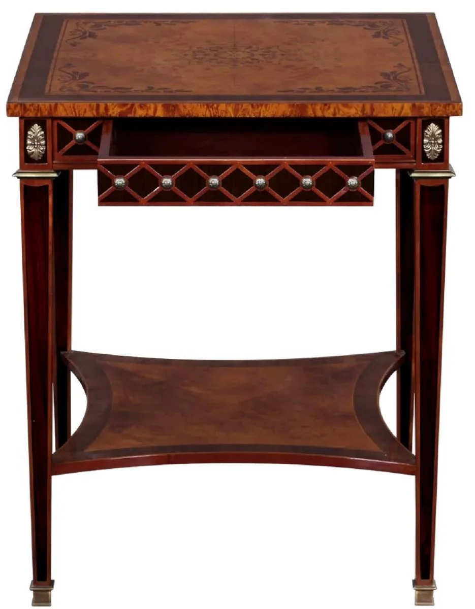 Luxury Art Deco side table natural colors / brown inlay / silver / antique brass 61 x 61 x H. 77 cm - Square solid wood table with drawer - Luxury Art Deco living room furniture