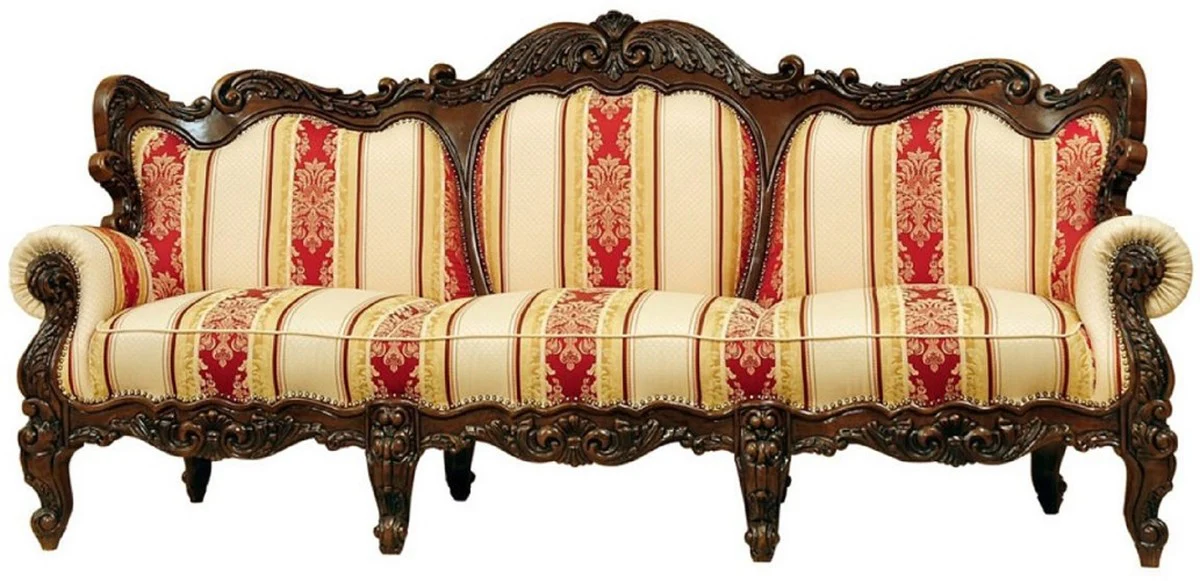 Luxury Baroque Living Room Set Cream / Yellow / Red / Dark Brown - 2 Baroque Sofas & 2 Baroque Armchairs & 1 Baroque Coffee Table - Living Room Furniture in Baroque Style - Noble & Magnificent