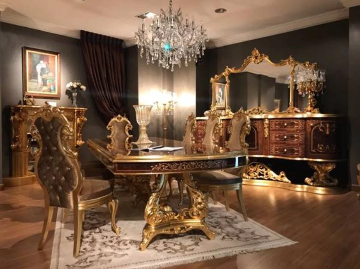 Luxury baroque dining table brown / antique gold 300 x 117 x H. 80 cm - magnificent dining room table in baroque style - luxury quality