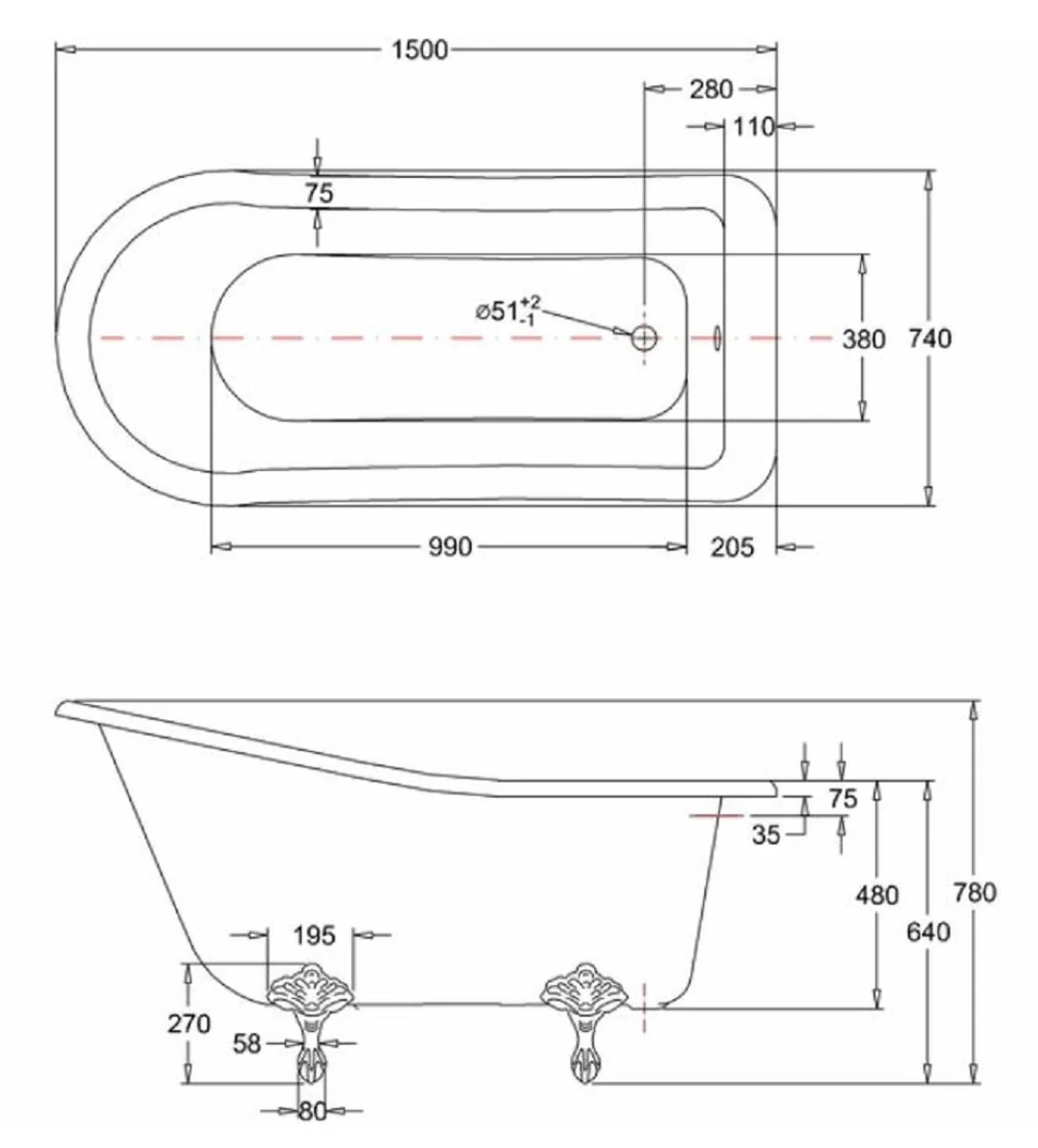 Luxury Art Nouveau bathtub white / silver 150 x 75 x H. 78 cm - Freestanding retro acrylic bathtub - Retro bathroom furniture