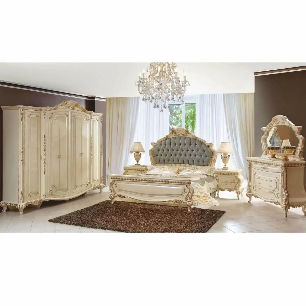Luxury Baroque Double Bed Cream / Gold / Gray - Baroque style bedroom furniture
