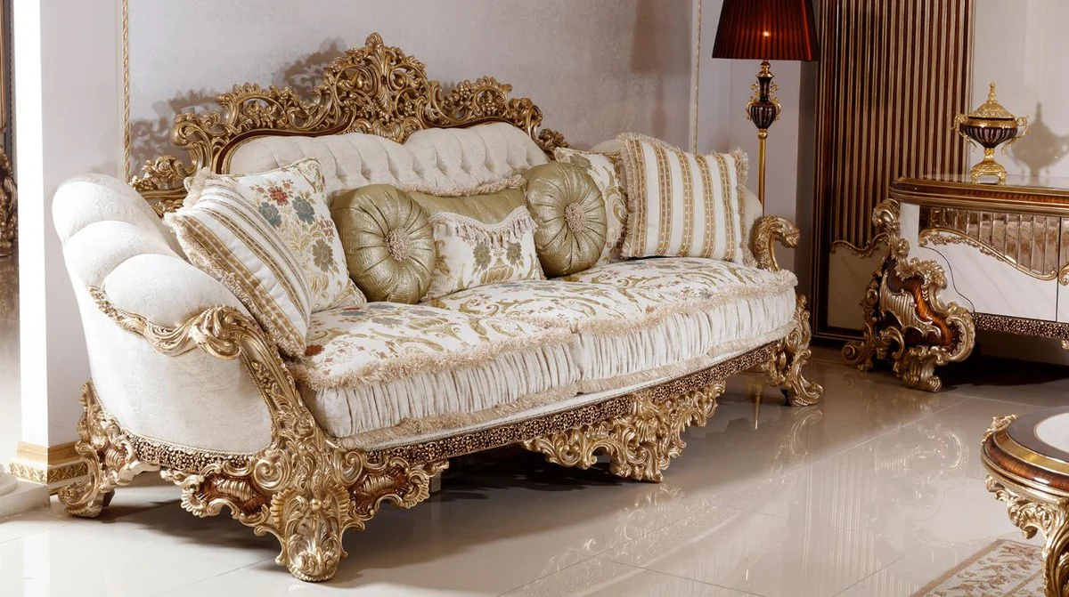 Luxury Baroque Sofa White / Multicolored / Brown / Gold - Magnificent Living Room Sofa with Elegant Pattern - Baroque Living Room & Hotel Furniture - Noble & Magnificent
